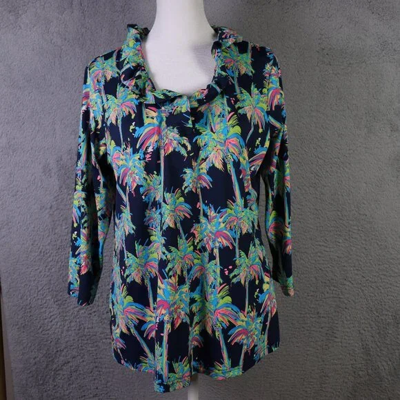 Anthony’s Resort Wear Top Womens M Blue Multicolor Palm Tree Ruffle V Neck - Picture 1 of 9